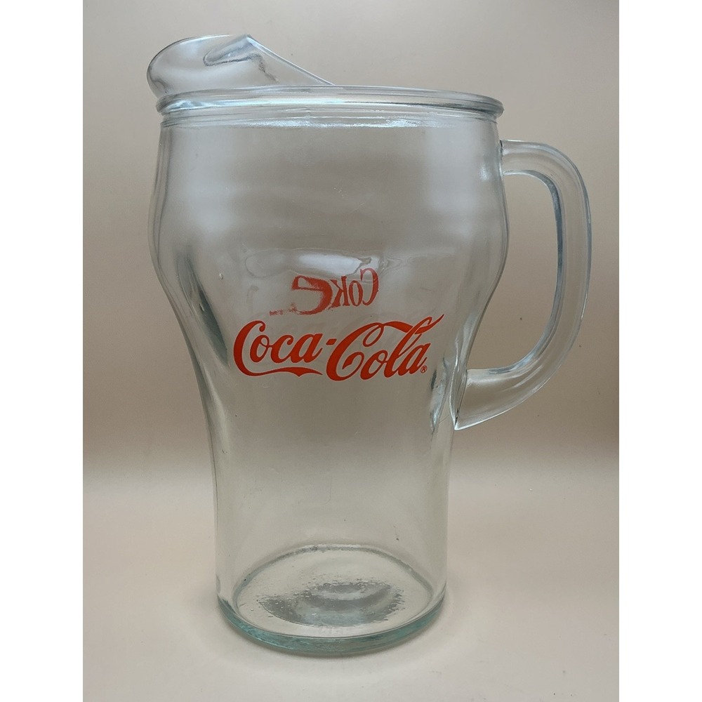 Vintage Coca Cola Glass Pitcher 64oz Coke Red Lettering Fluted Ice Spout 9.5"